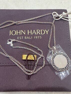 John Hardy 925 Sterling Silver Round ID Tag Black Enamel Pendant Nacklace - 22"